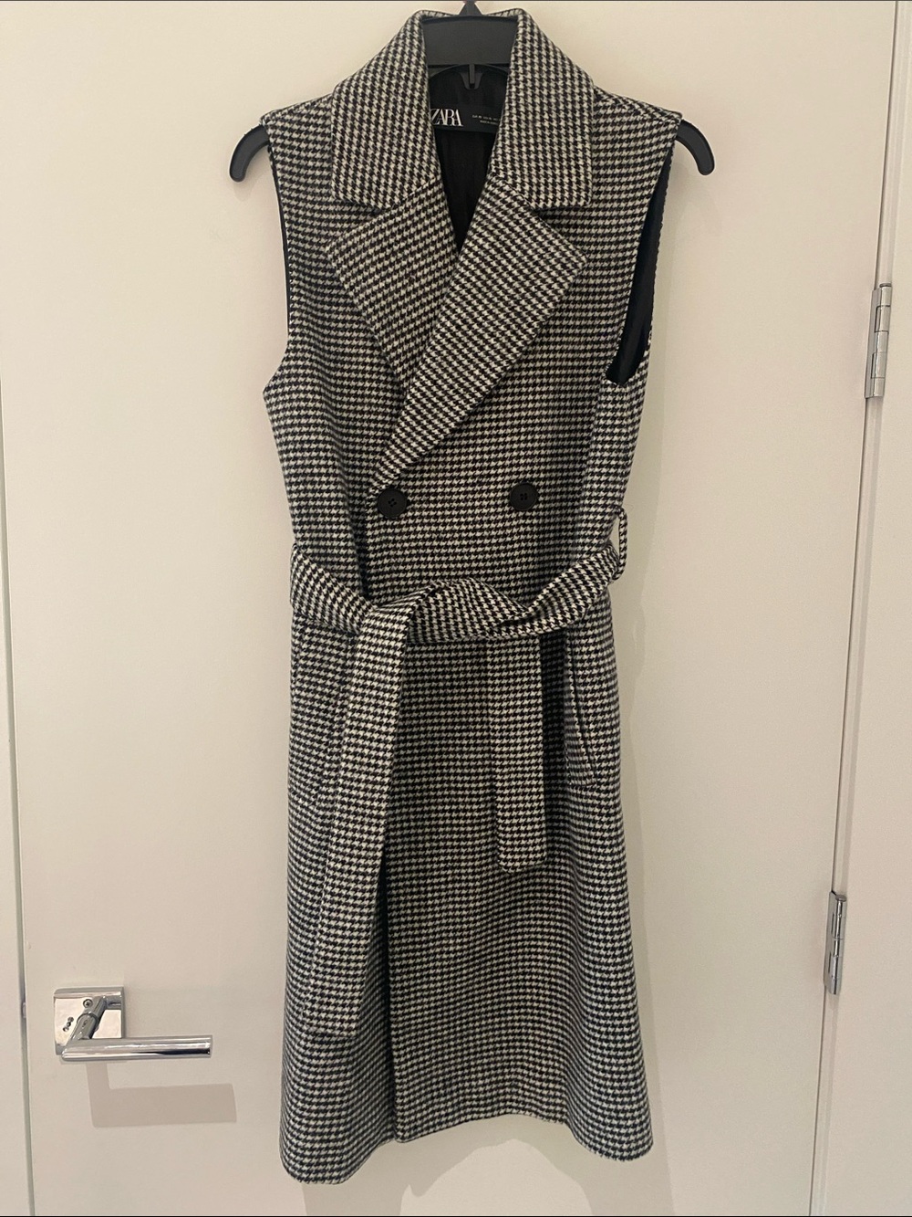 Zara Dress/Long Vest Sleeveless Tie Belt Button Front Black/White Houndstooth X